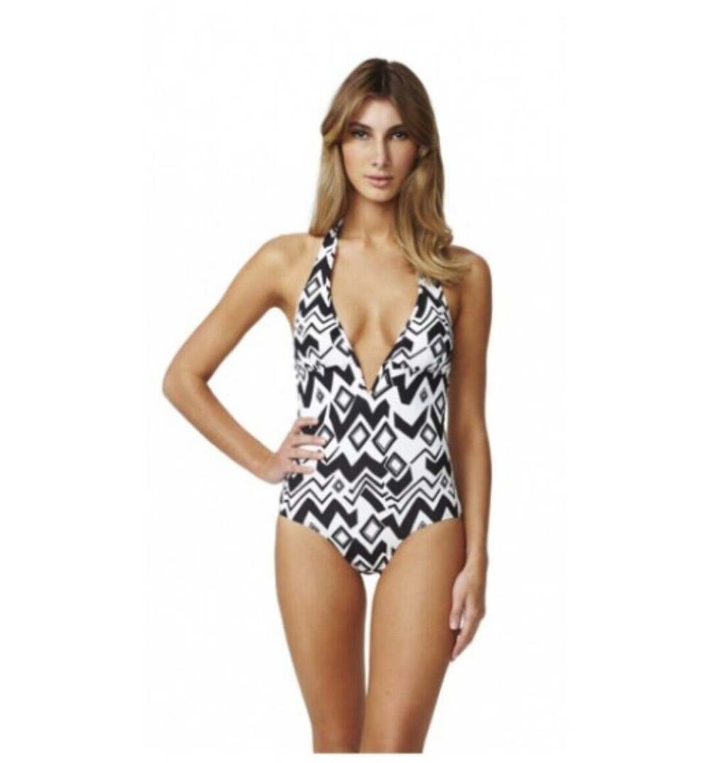 Moontide V Wire Low Front Swimsuit Black & White Geometric Halter Size 10